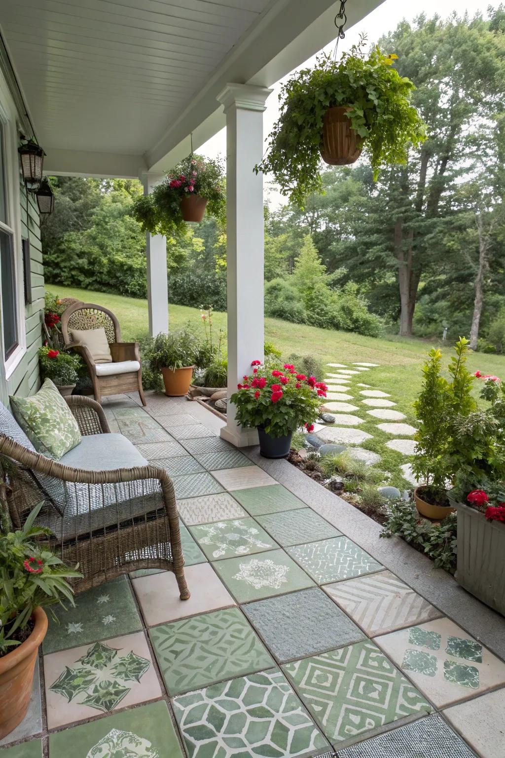 Eco-friendly recycled tiles offer a stylish and sustainable porch design.