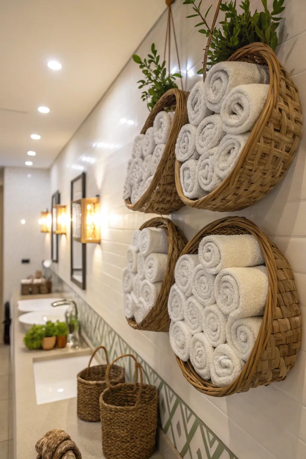 Enrich placement abilities through suspended baskets integrating feel and graphic interest to your bathroom.