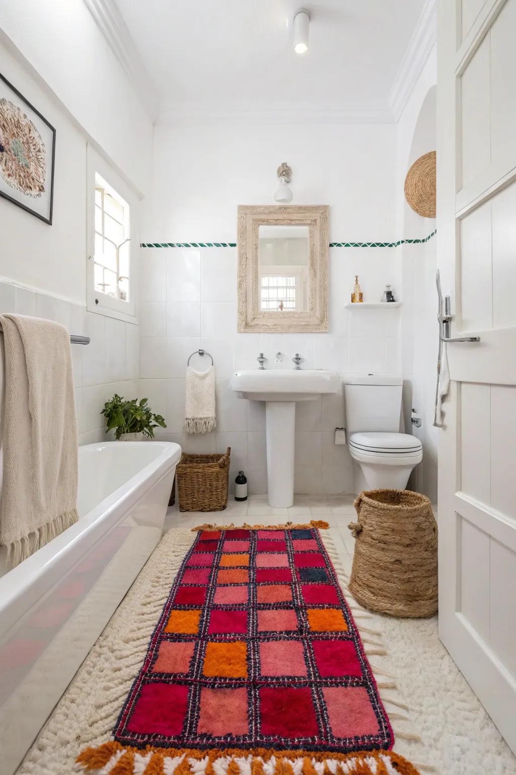 A white bathroom transformed by a striking floor covering, which adds vibrancy and pattern.