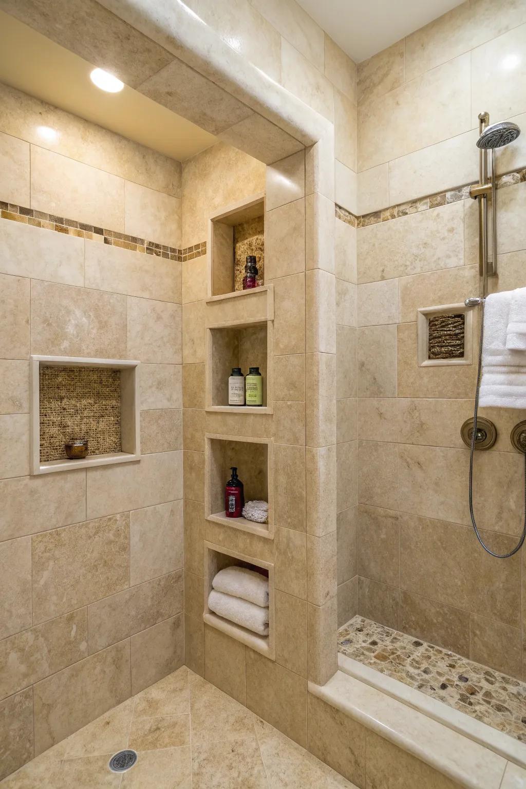 A travertine shower featuring stylish built-in niches.
