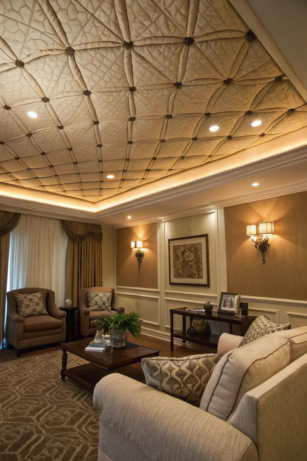 A cozy room with a tray ceiling featuring fabric upholstery.