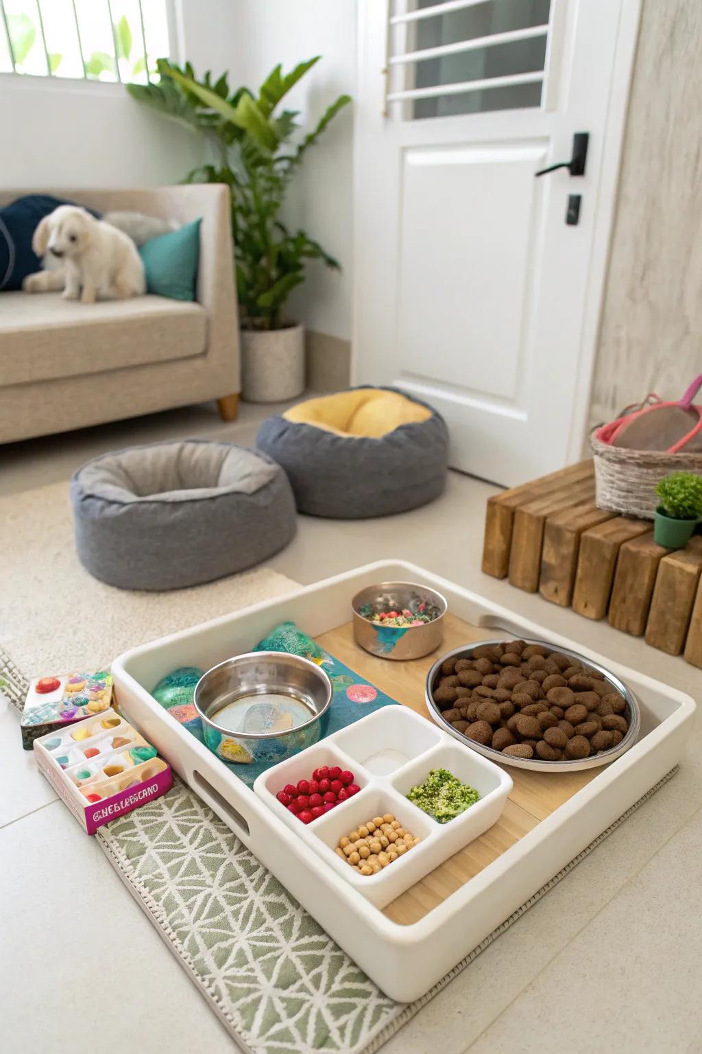 An organized pet-friendly zone containing essential supplies.