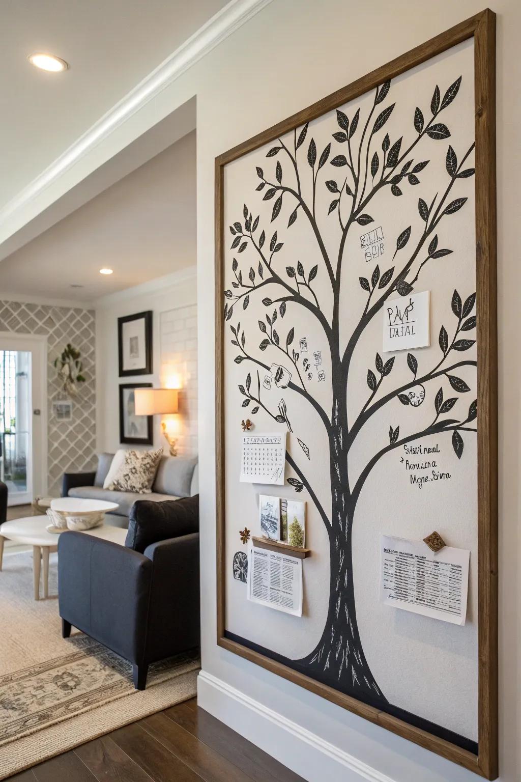 A black and white tree bulletin board with minimalist appeal.