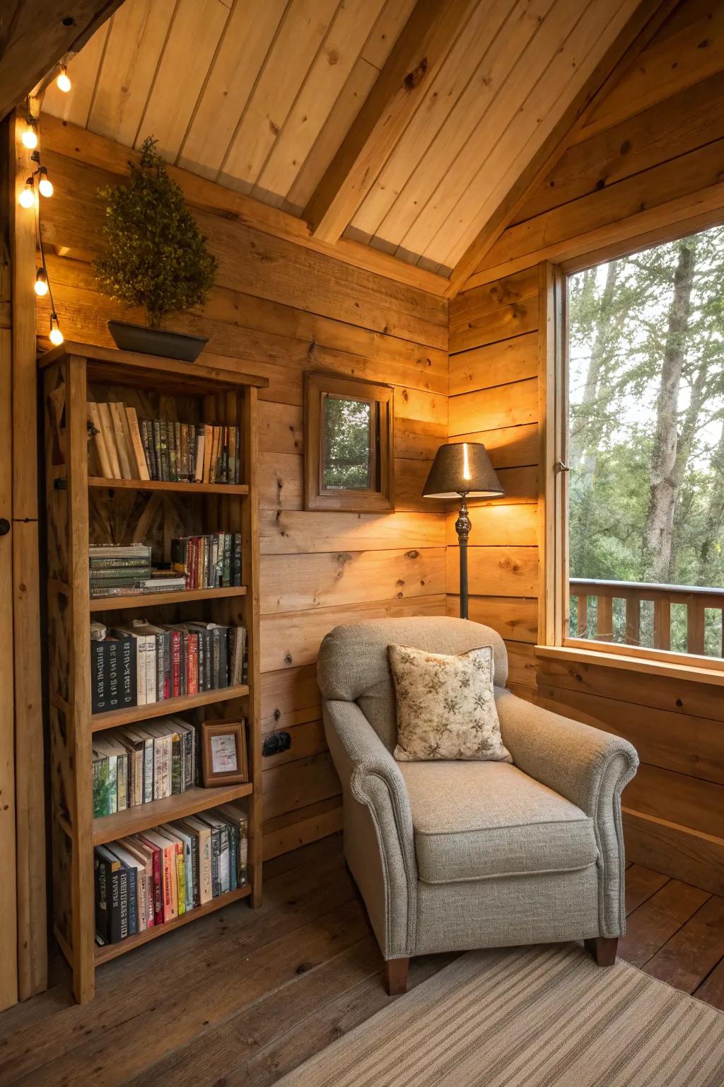 A miniature library in a treehouse, supplying a snug getaway for book enthusiasts.