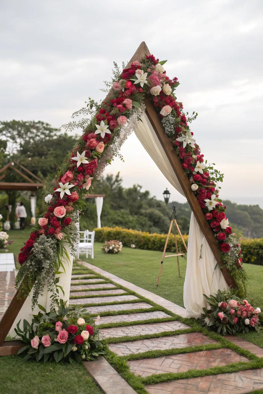 A timeless floral triangle arch that remains a beloved choice for many.