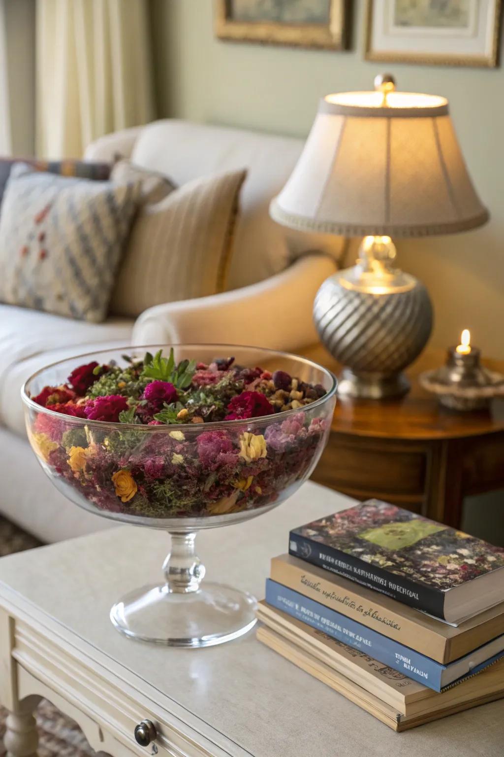 A trifle bowl serving as a fragrant potpourri holder.