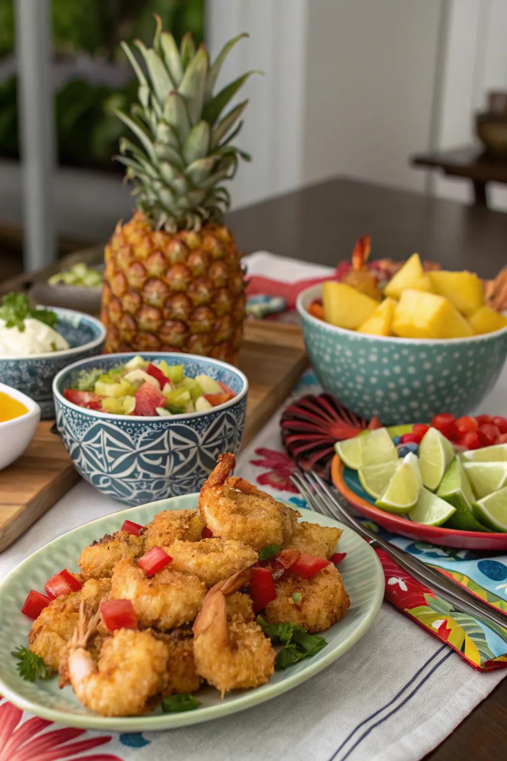 A tropical-themed dinner spread for a flavorful evening.