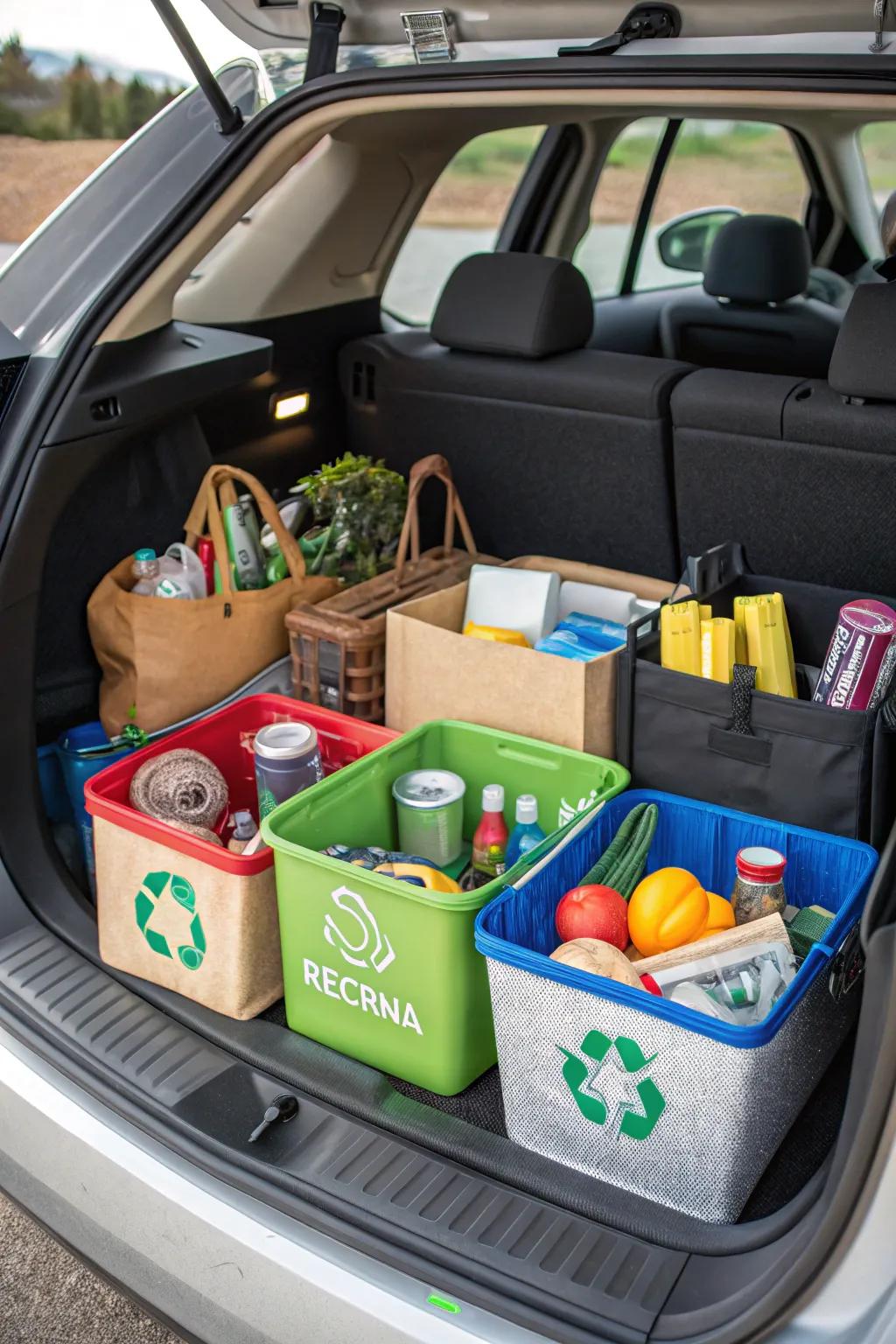 Eco-friendly repurposed containers for sustainable trunk organization.