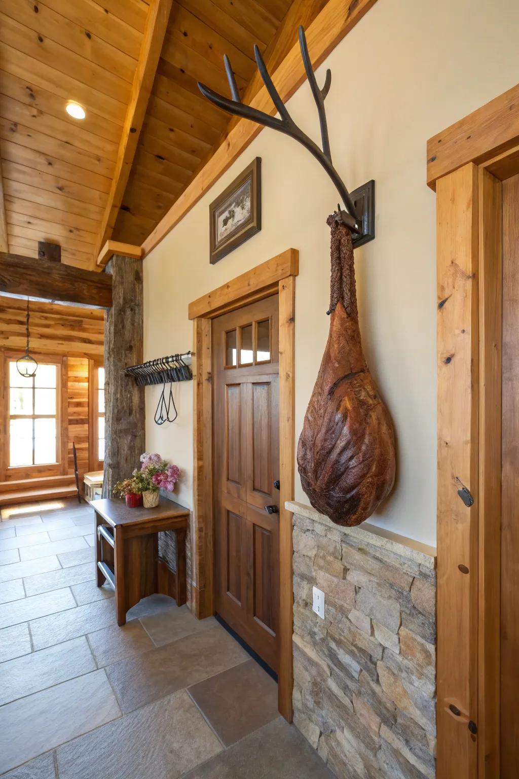 A quirky wildfowl leg coat hanger in a country entryway.