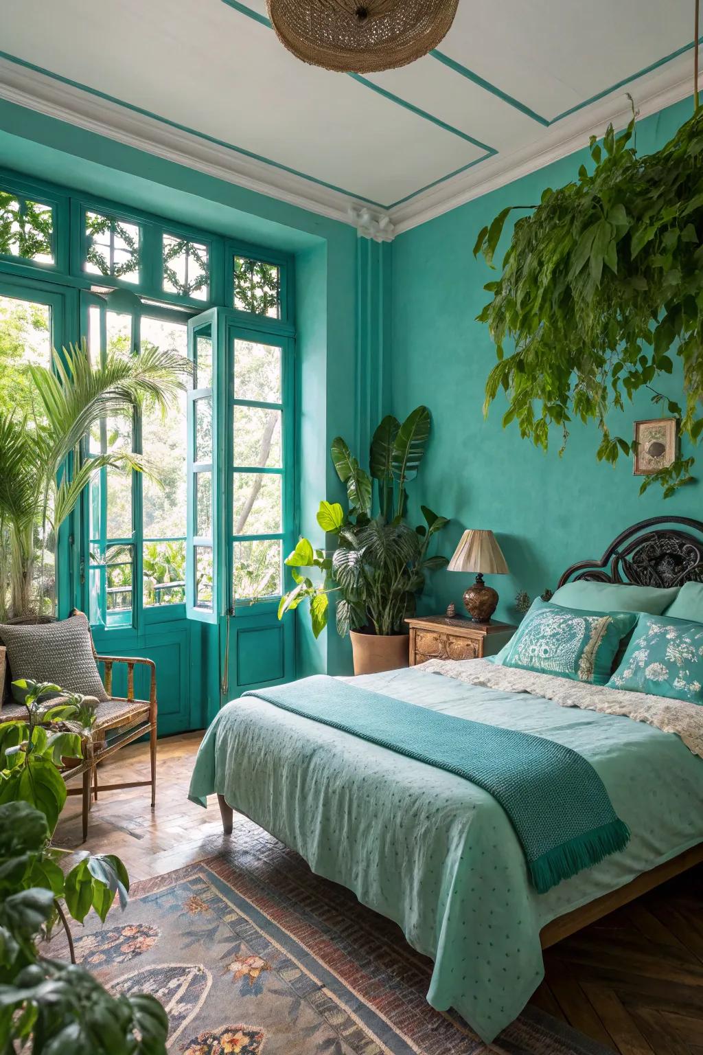 Combining turquoise with greeneries brings a full and vibrant feel into the space.