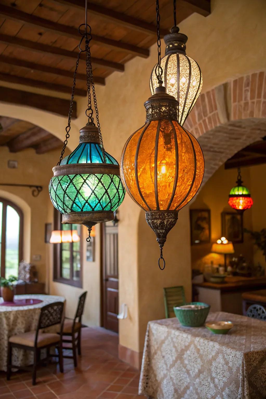 Vibrant glass fixtures enliven Mediterranean decor.