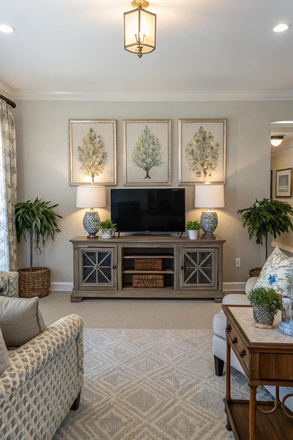 Symmetrical designs contribute harmony to TV areas.