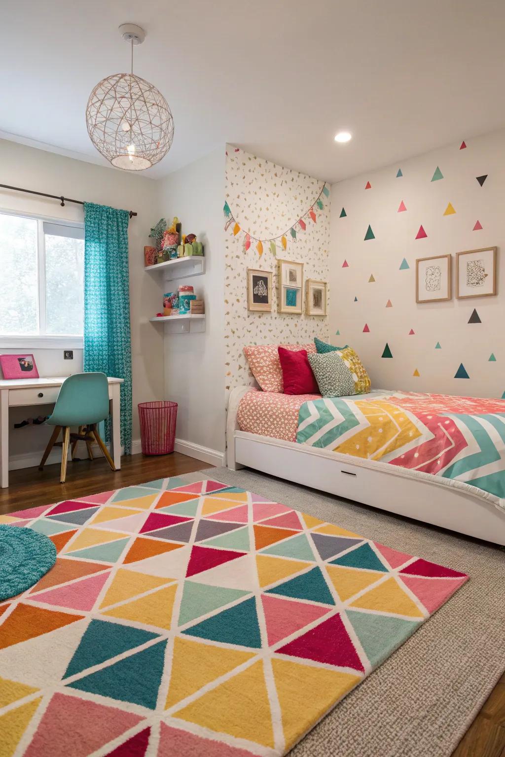 Angular designs add a contemporary edge to any tween bedroom. <strong><em>Contemporary charm!</em></strong>” loading=”lazy” class=”pimg”>
	</picture><figcaption>Angular designs add a contemporary edge to any tween bedroom. <strong><em>Contemporary charm!</em></strong></figcaption></figure>
<p>Introduce angular designs through rugs or wall decals for a modern edge. I’ve seen these patterns add an exciting visual dynamic that’s both stylish and playful. <strong><em>Dynamic designs!</em></strong></p>
<h3>Products that could assist:</h3>
<ul class=