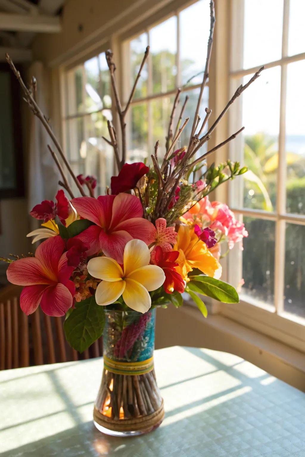 An exotic blend of branches and tropical buds.