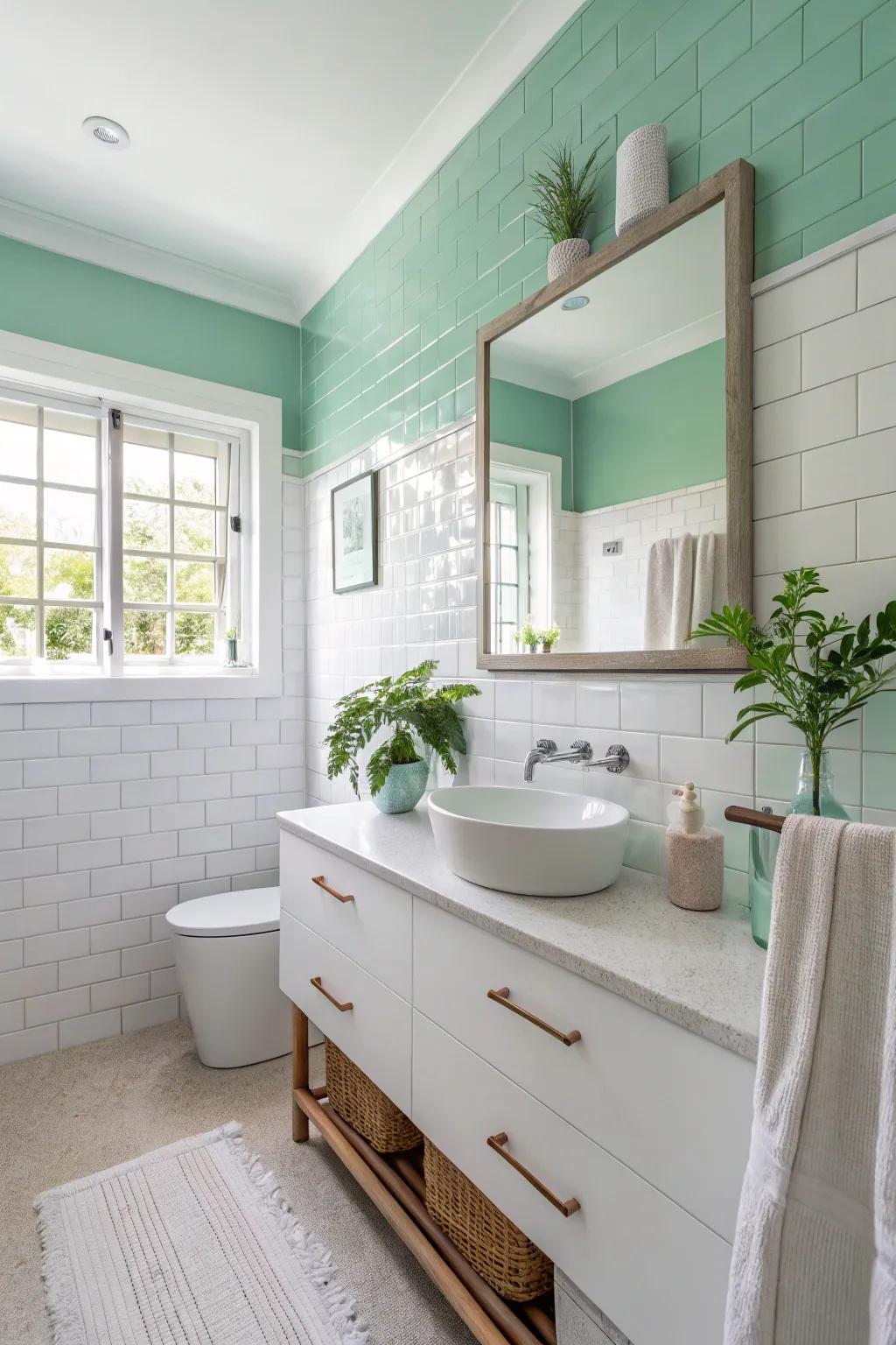 A fresh mint and white two-tone wall look that gives a fresh, clean look.