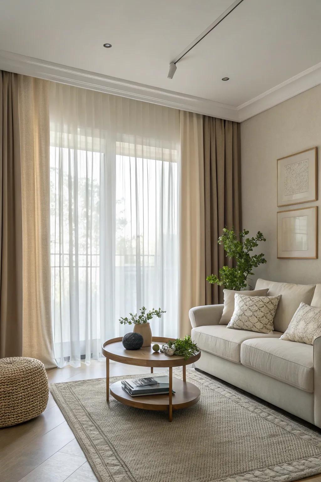 Minimalist duo-tone drapes offering simplicity in a clean living area.
