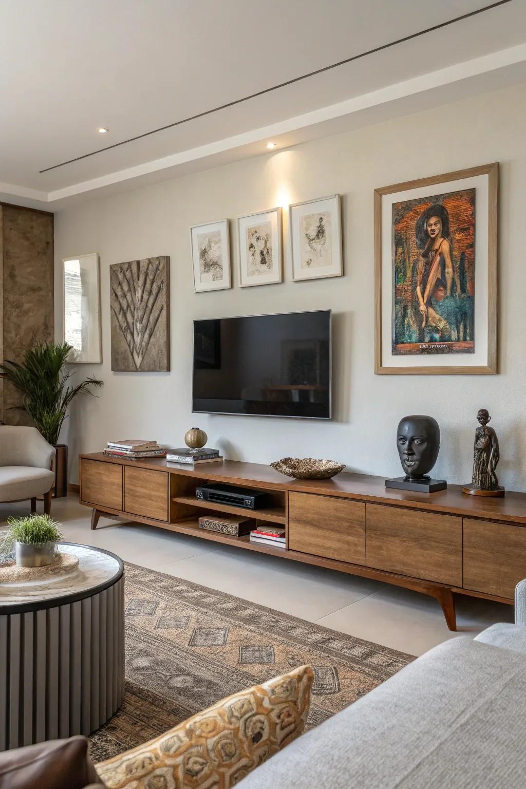 Art pieces beneath your TV add sophistication and visual interest.