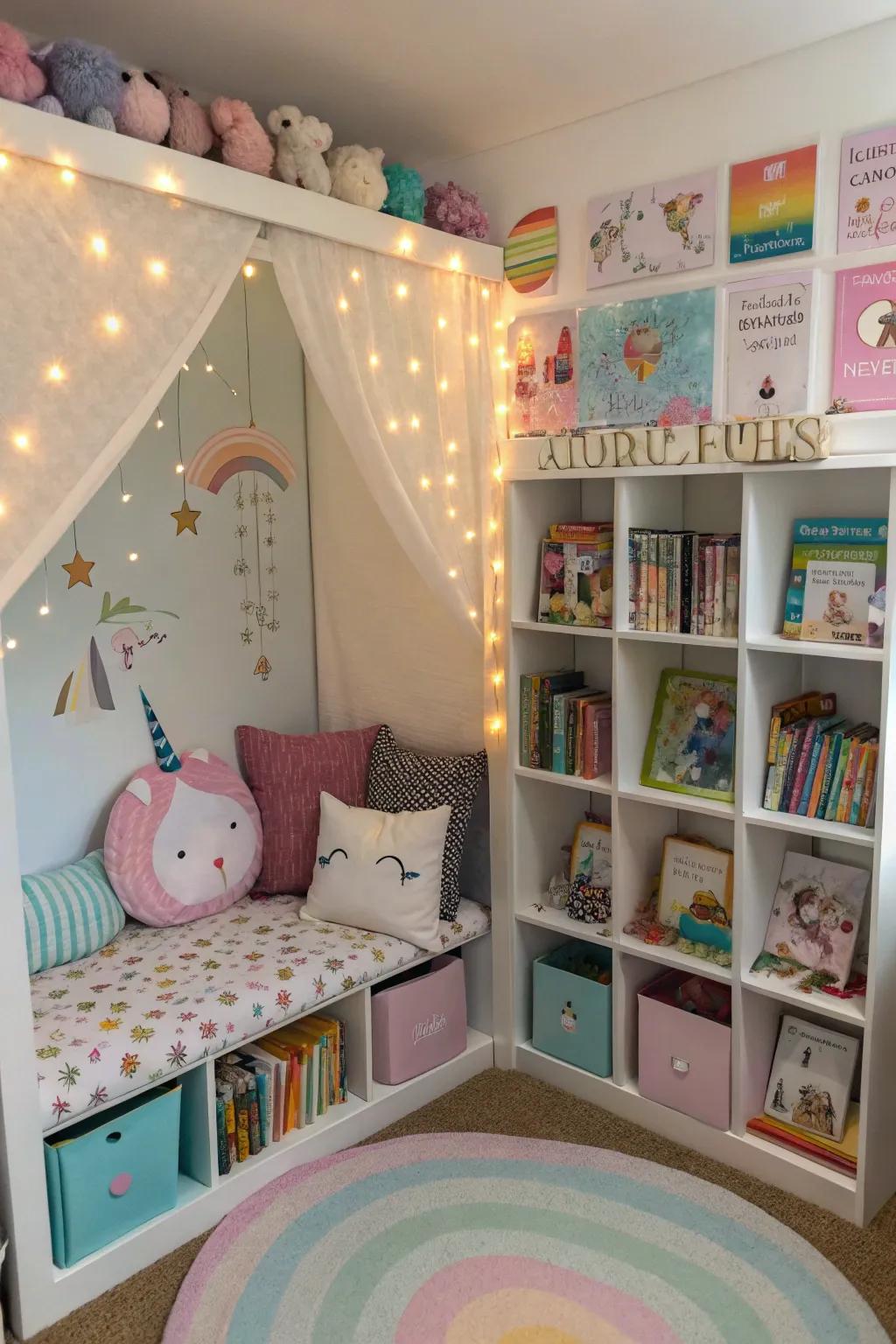 A cozy reading spot featuring creature-themed decorations.