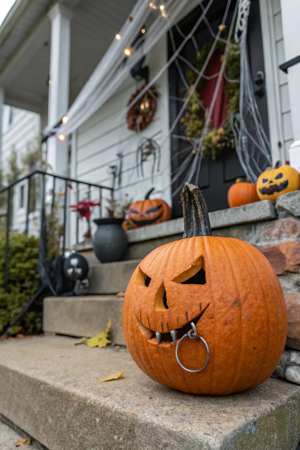 A pumpkin rocking a nose piercing for a punky vibe.