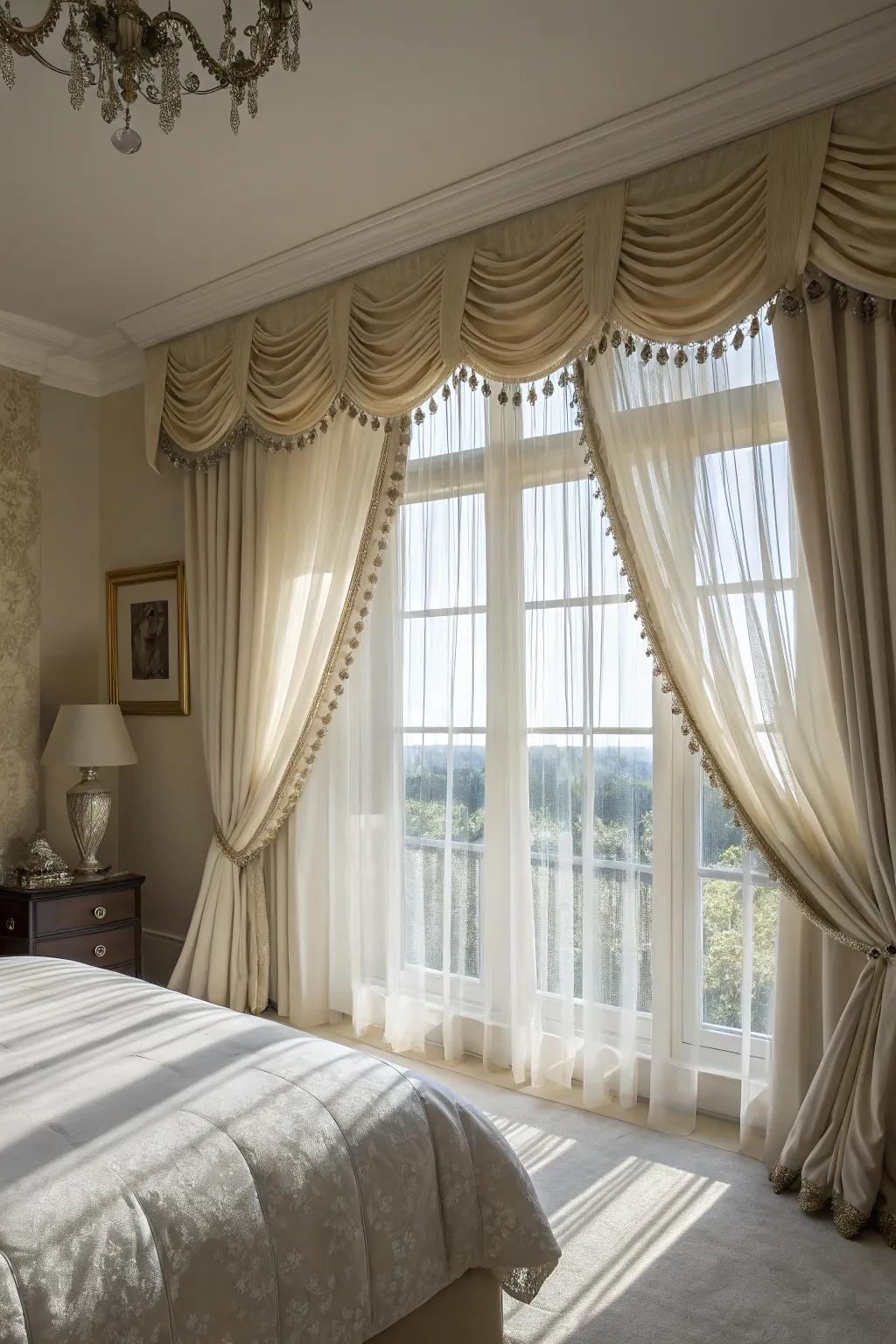 A window using a scalloped-edge valance in an elegant bedroom.