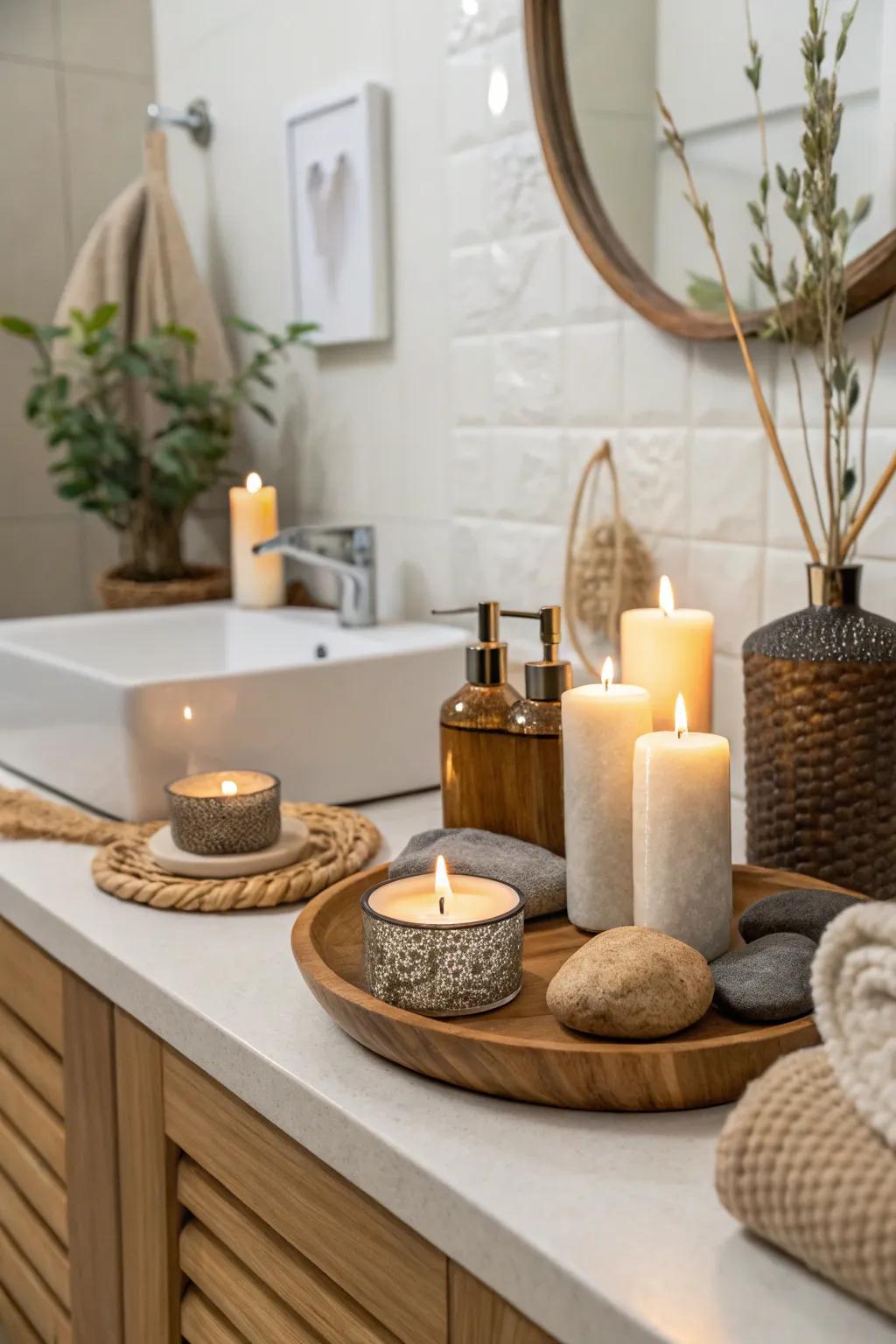 A serene vanity designed to evoke a spa-like atmosphere.