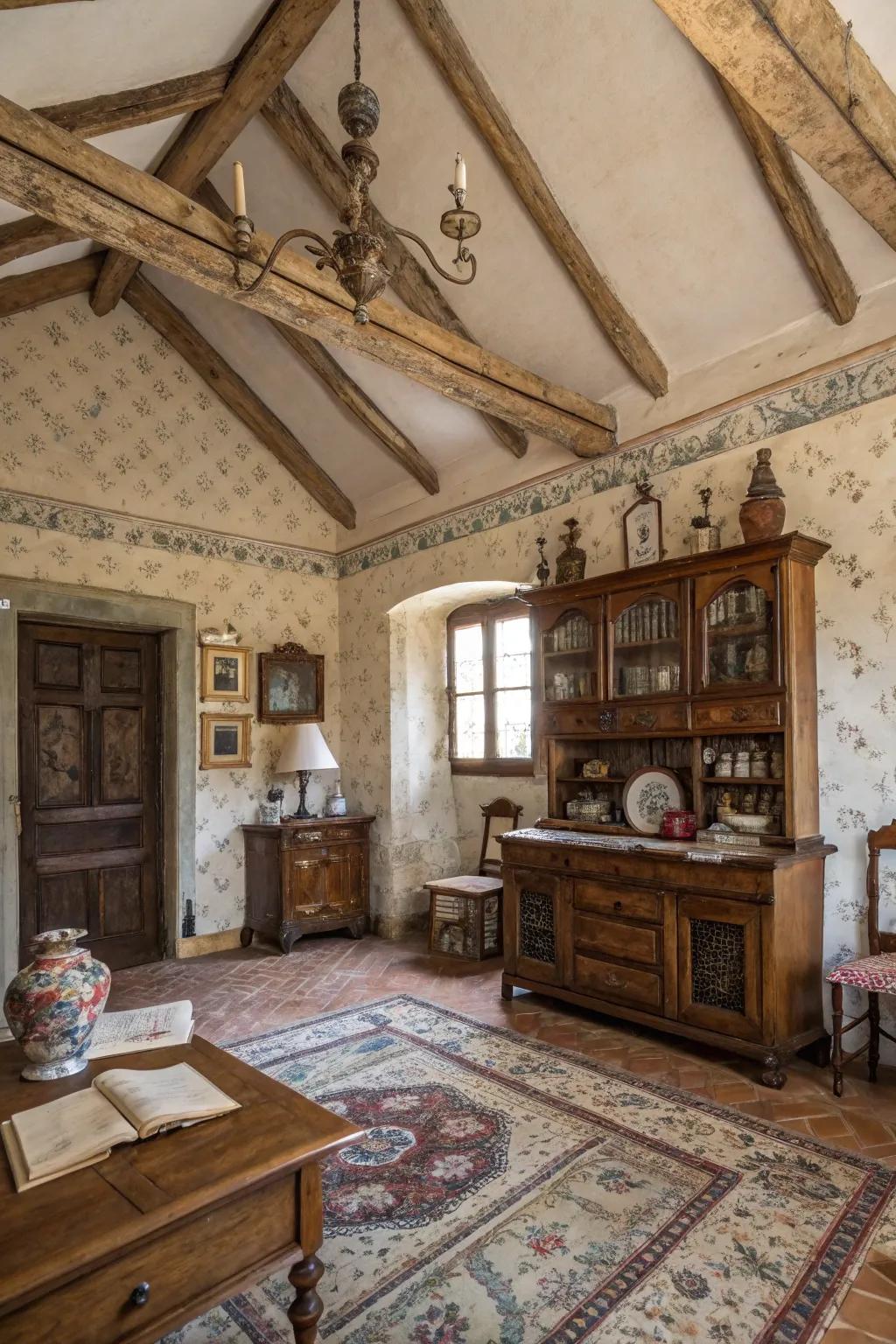 Aged allure with weathered beams on a vaulted ceiling.