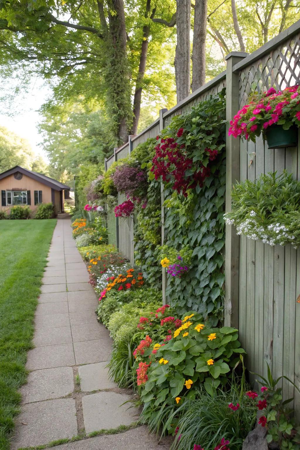 A privacy screen transformed into a vibrant upright garden.