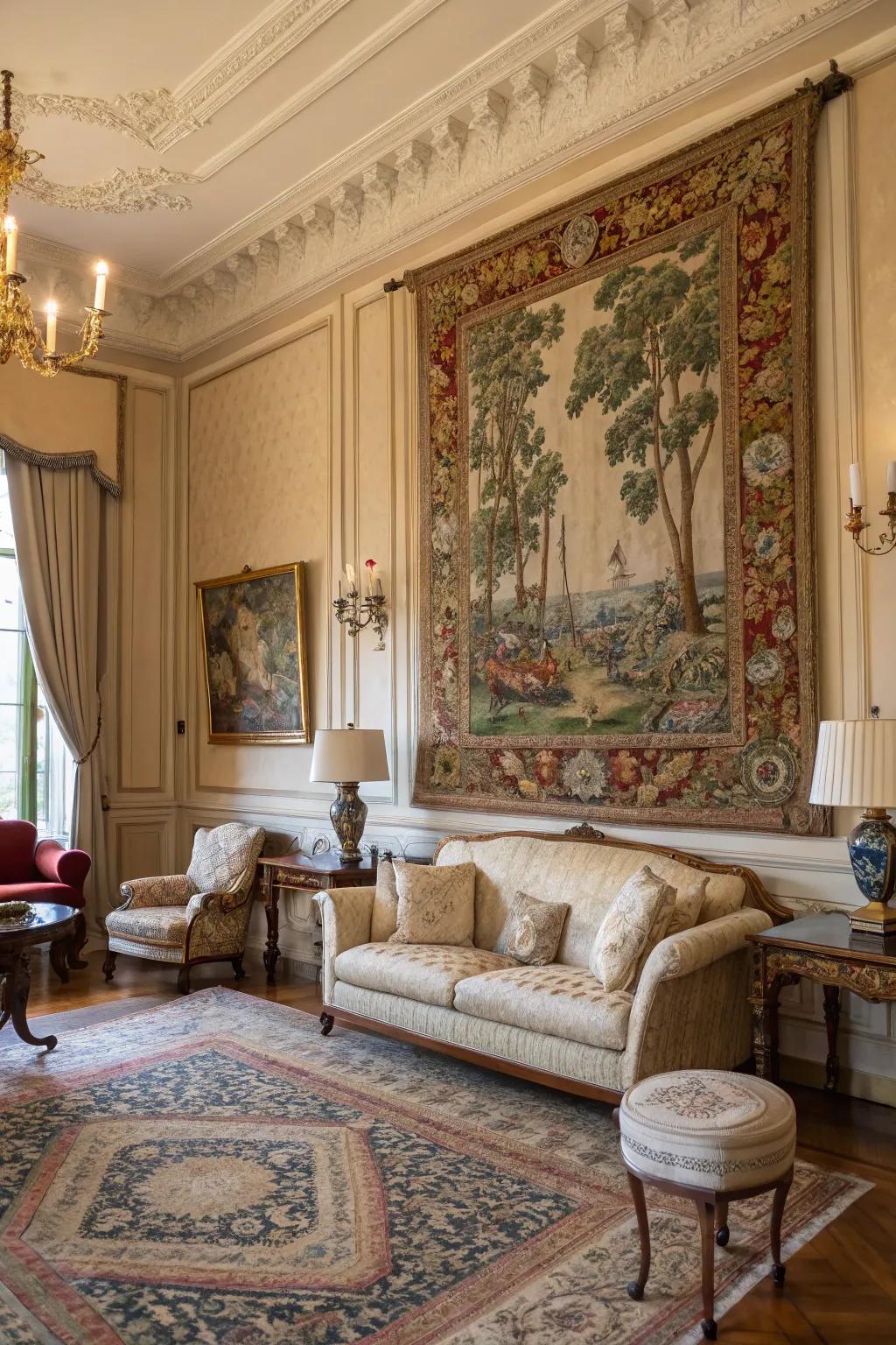 A decorative wall hanging contributes texture and historical appeal to the space.