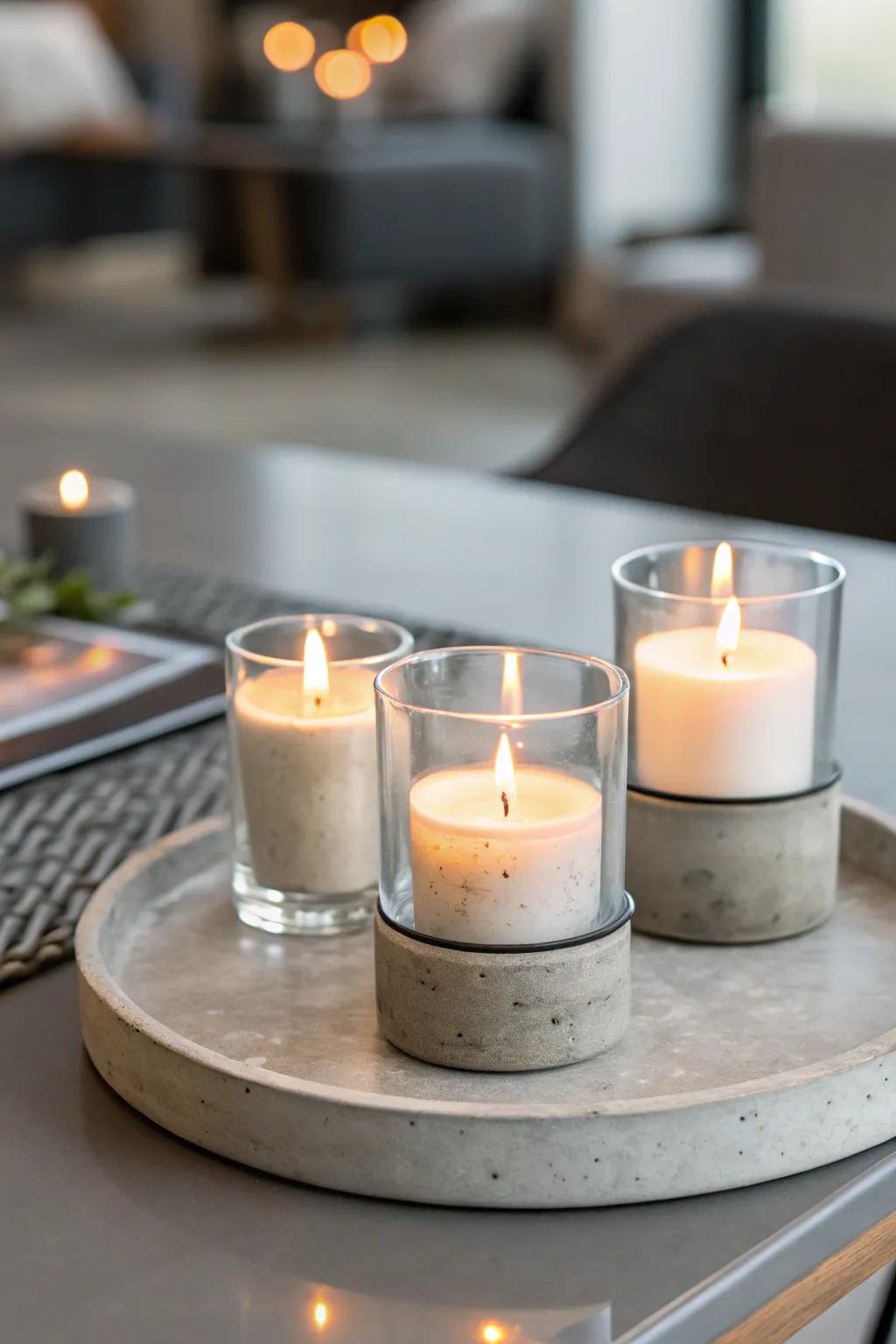 Industrial materials give votive candles a contemporary edge.