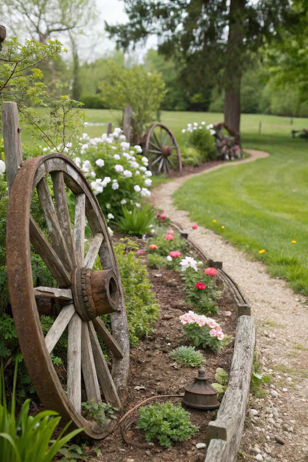 Half-buried wagon wheels lining a garden path, offering whimsical guidance.