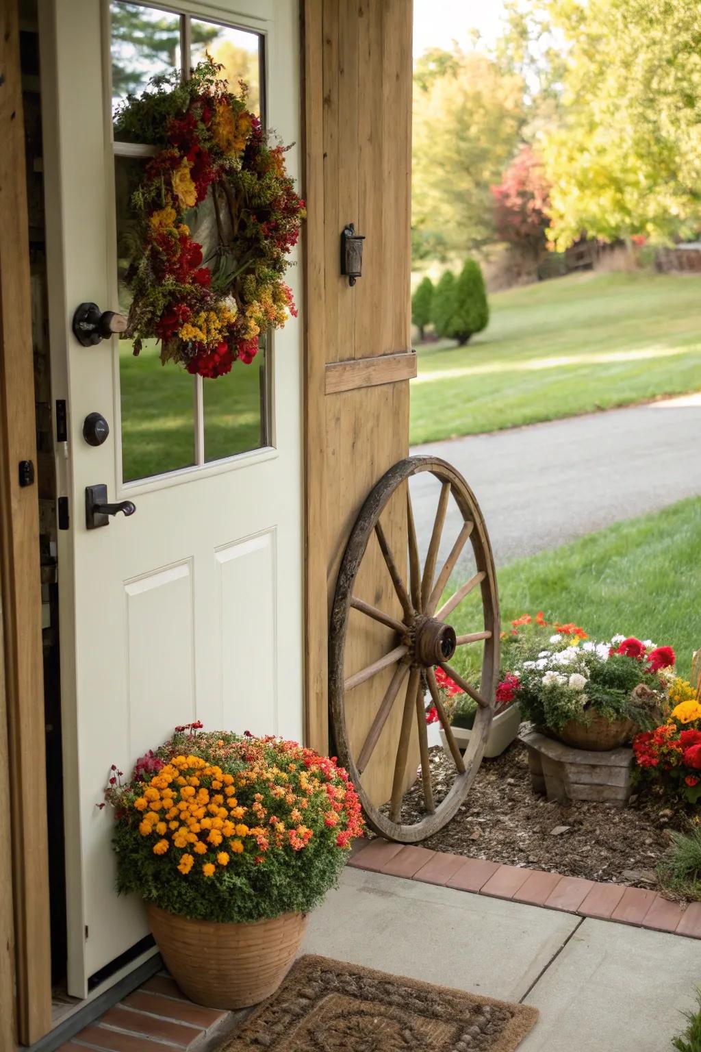 A flower-covered cartwheel gives this door a charming touch.