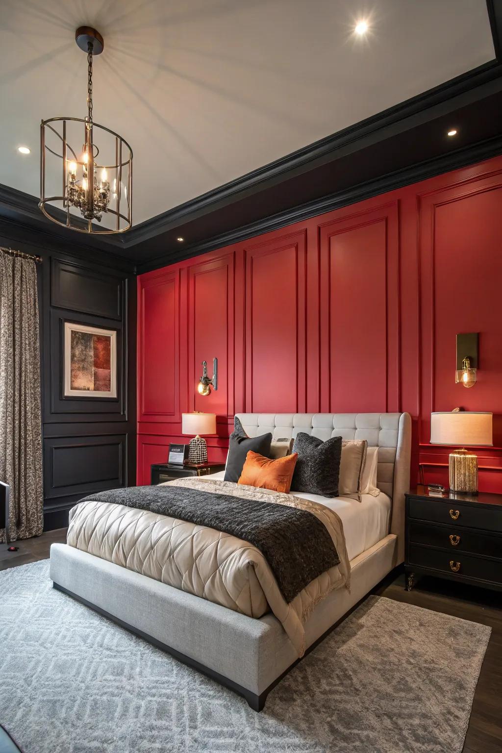 Dramatic colors in paneling fashion a striking and comfortable escape.