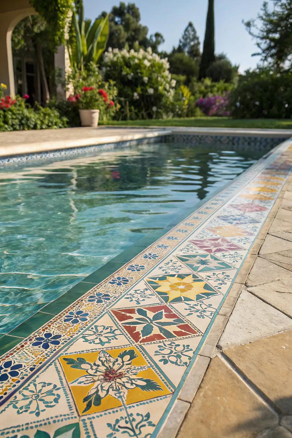 Waterline tiles add a touch of elegance and color to the edge of your pool.