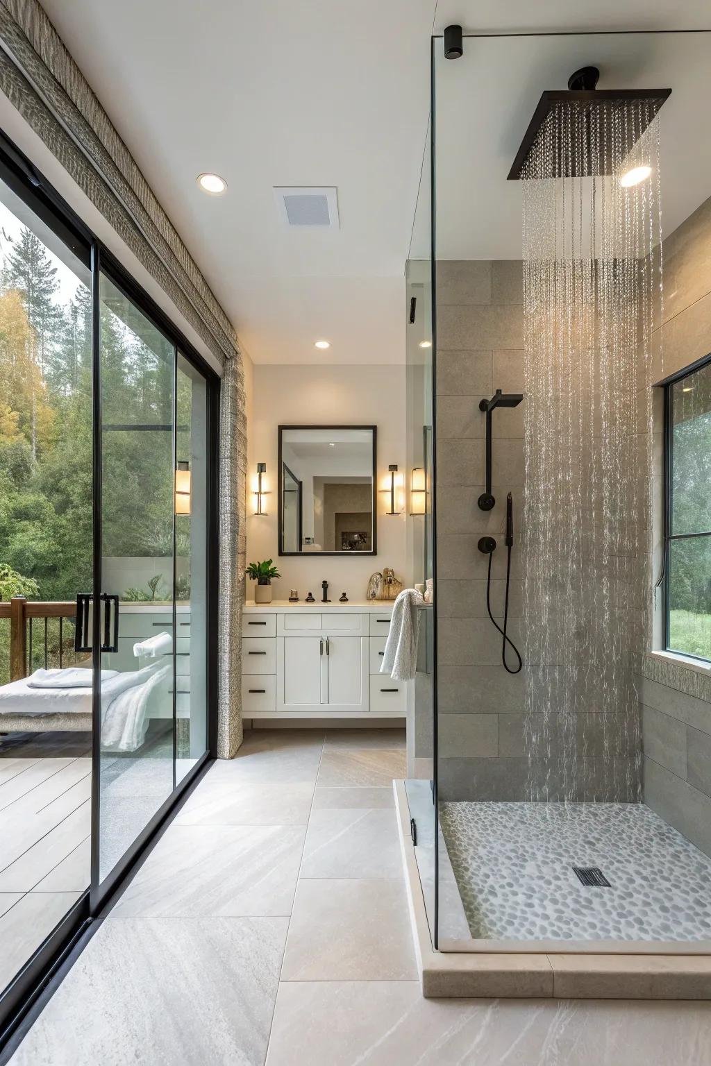An open layout design lends elegance and a contemporary feel to this walk-in shower.