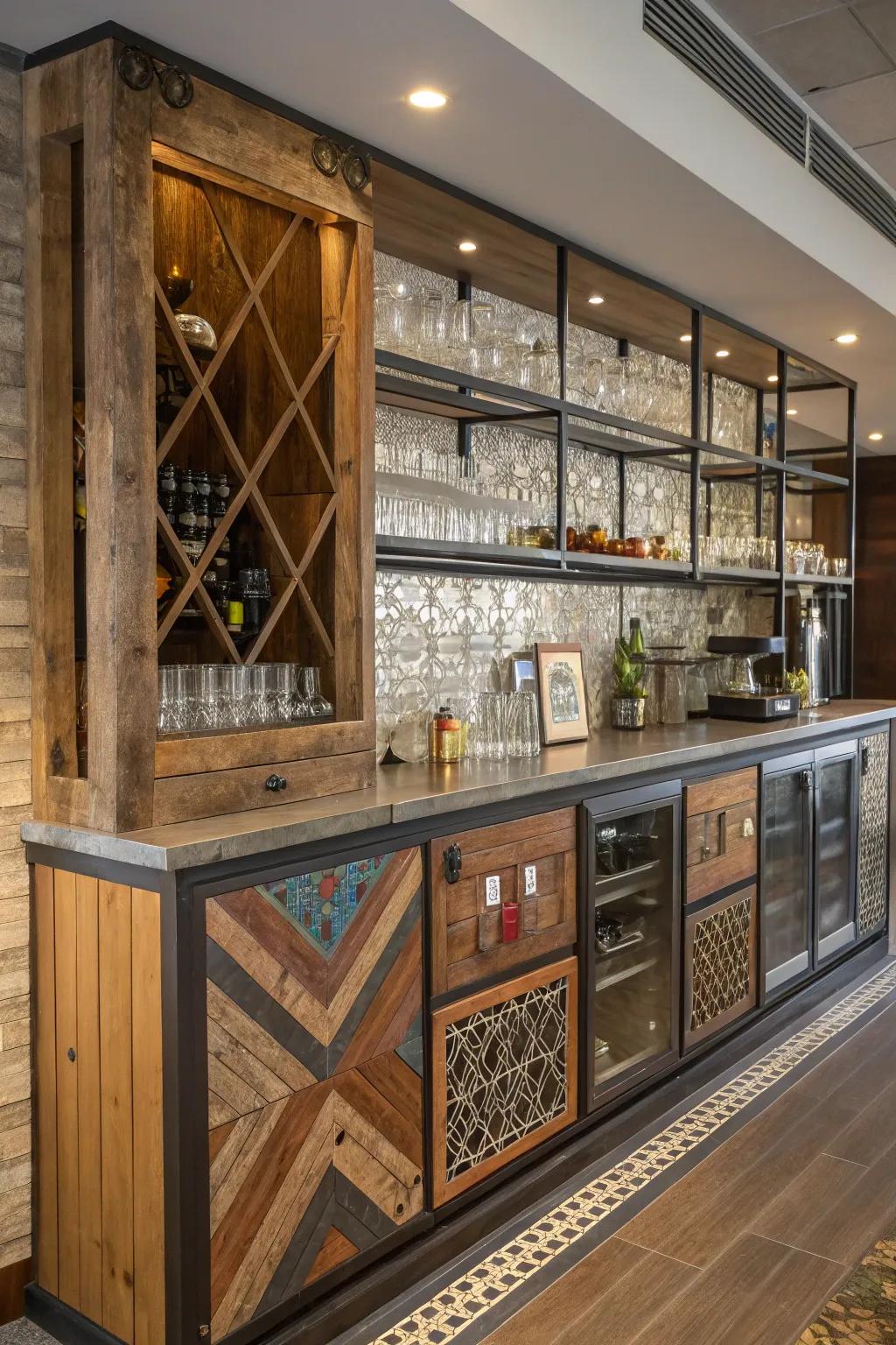 An eclectic design creates a unique and welcoming wall bar.