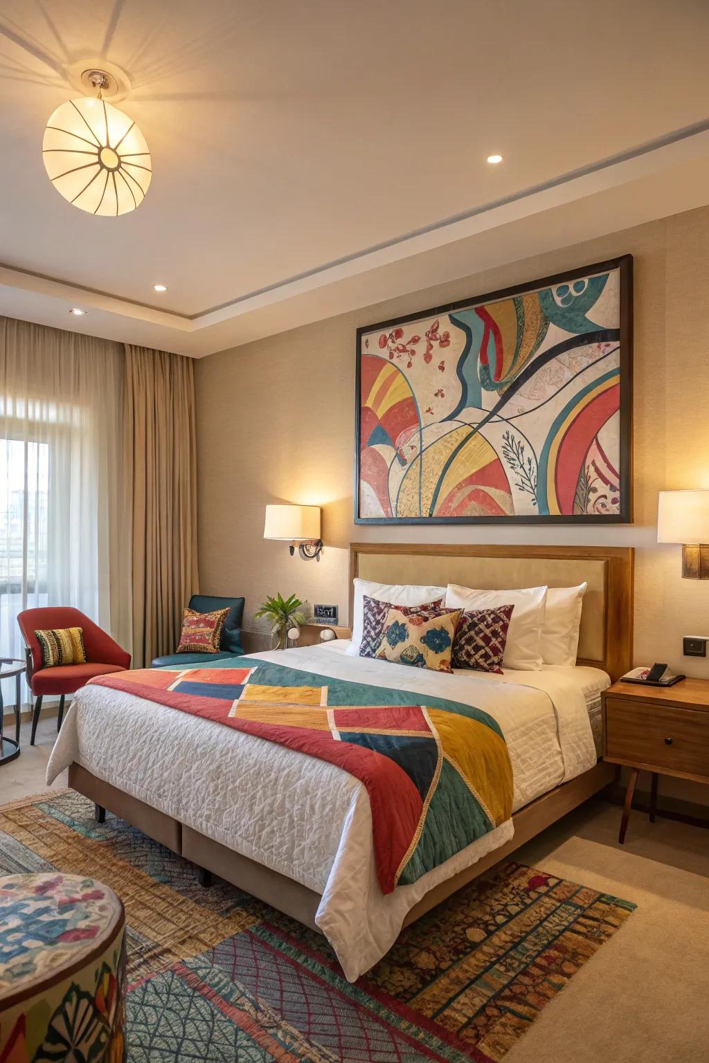 Conceptual art introduces a modern touch to the bedroom.
