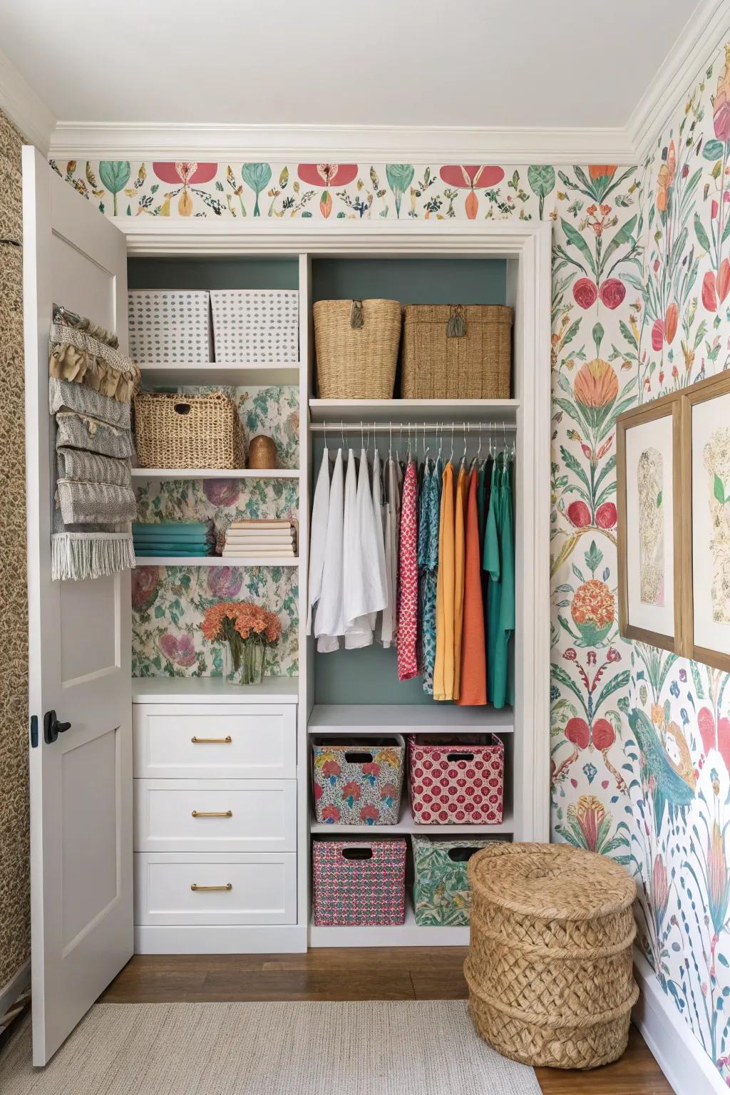 Artistic elements fill wall closets with personality and style.