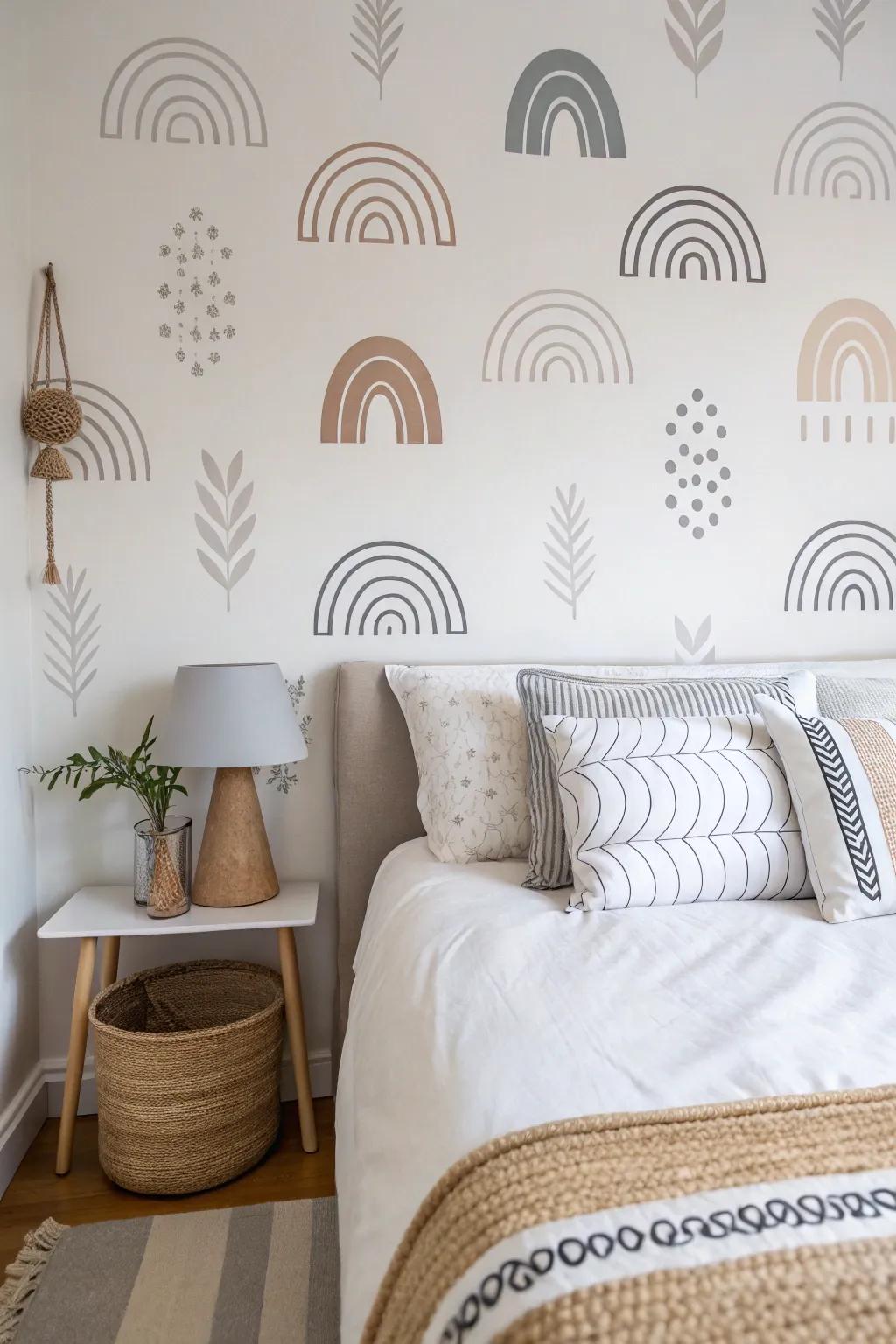 Understated decals enhance the serene elegance of this bedroom.