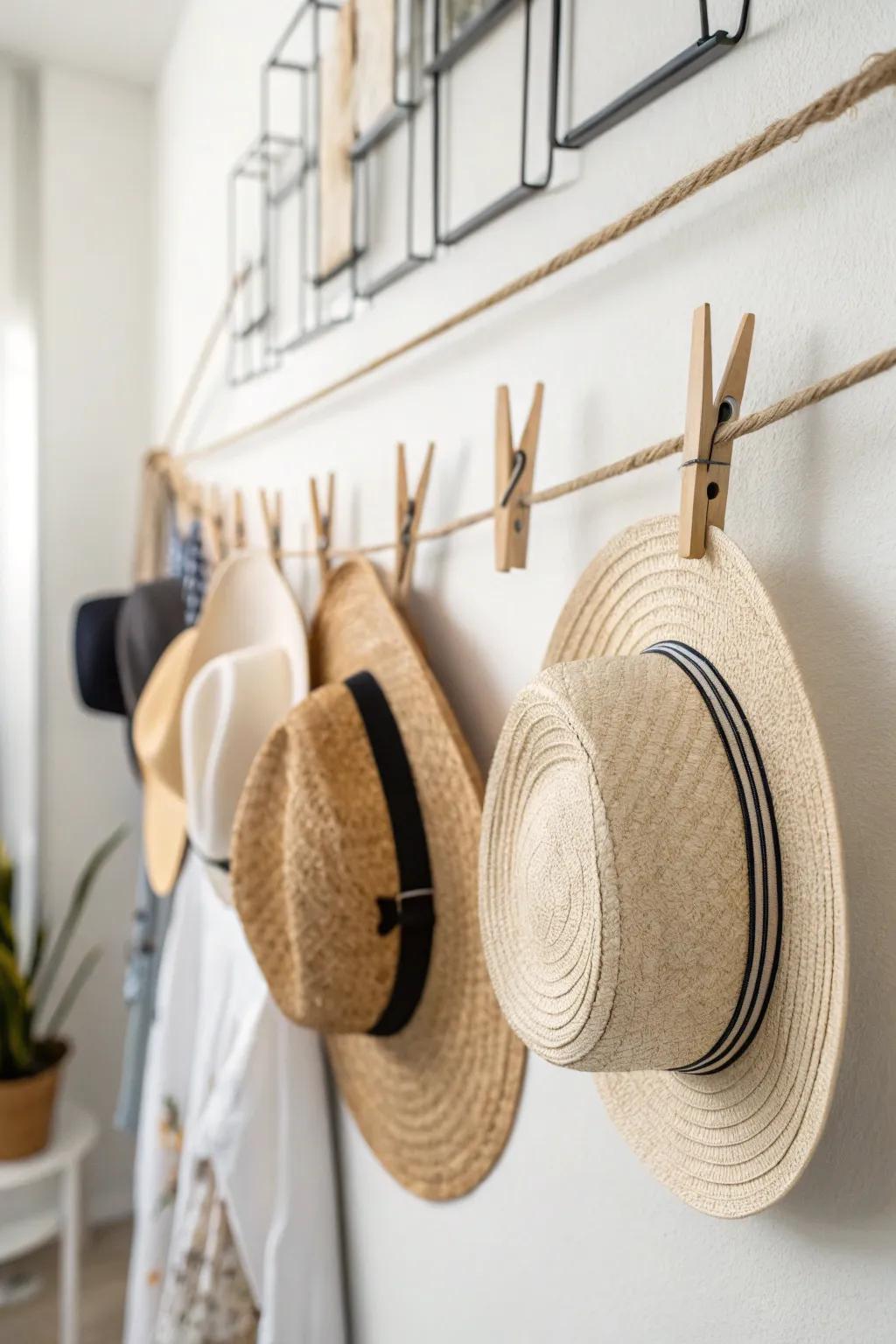 A straightforward and effective hat presentation employing wall clothespins