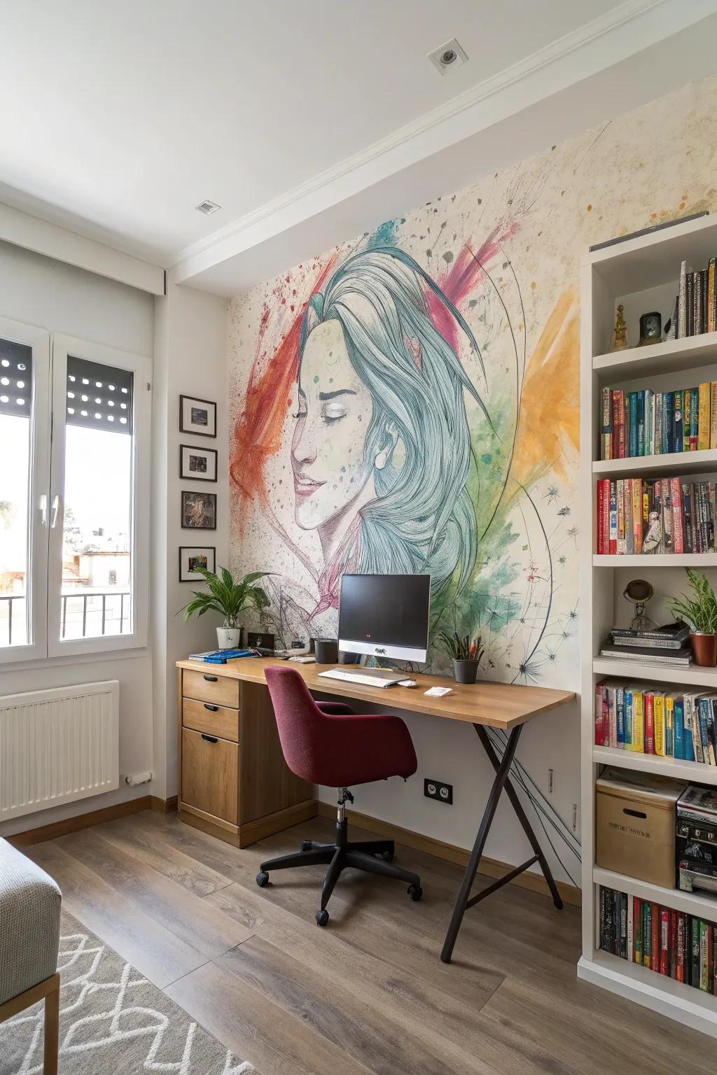 Showcase your personality with an artistic mural in your home office.