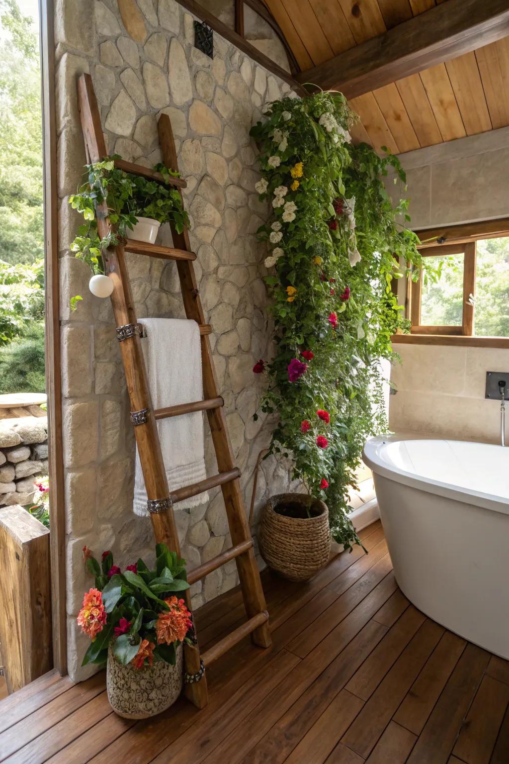 A rustic ladder brings charm and greenery to any room.