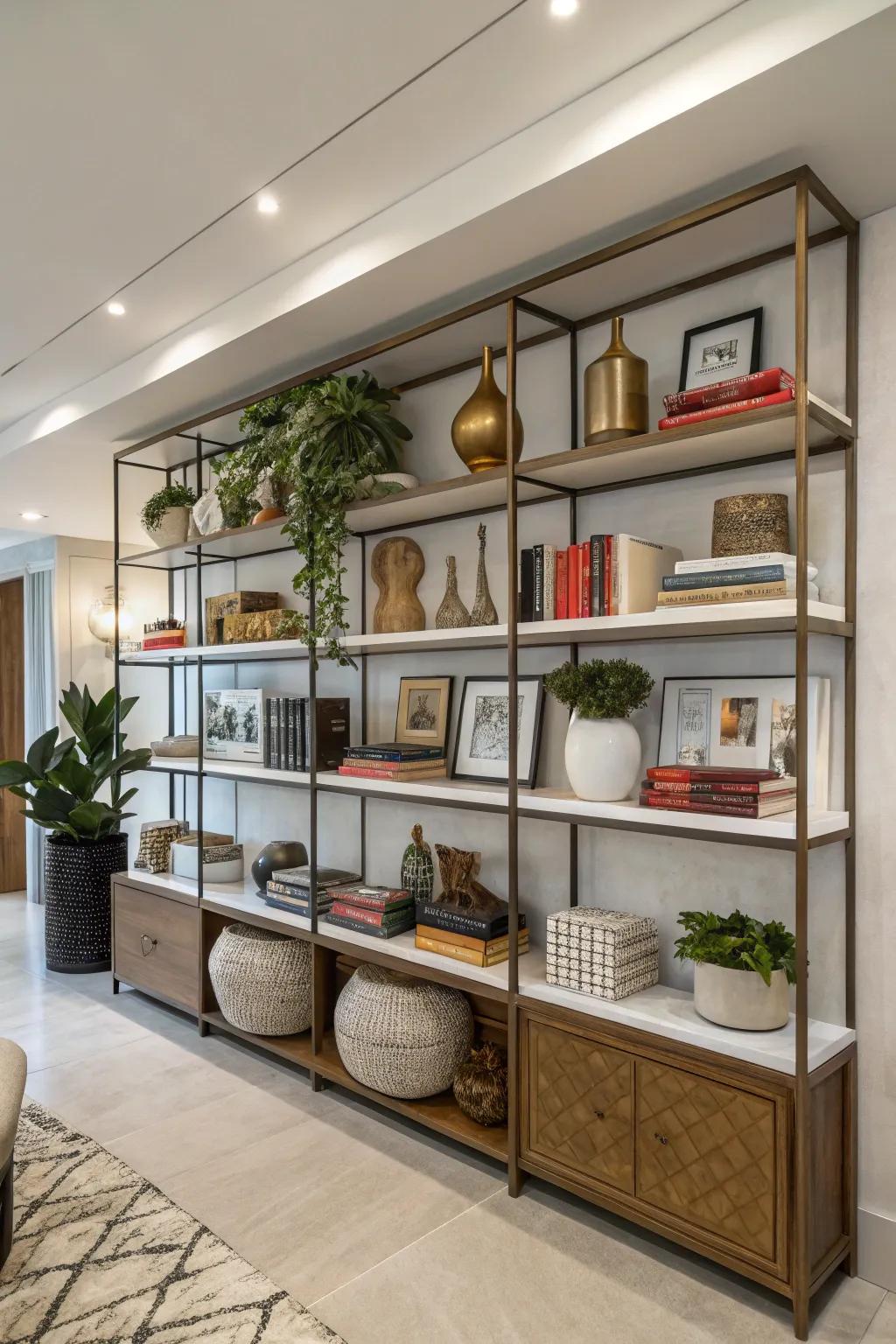 Fabricate fluidity through varied-tiered shelf placements.
