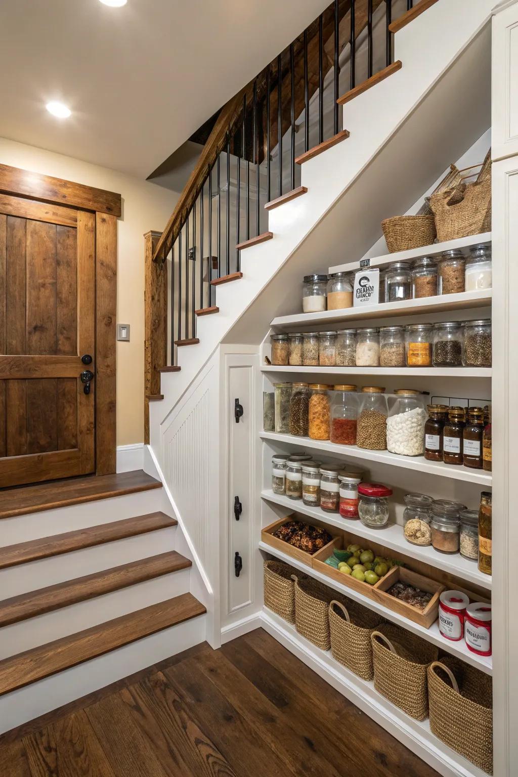 A hidden pantry under the stairs offers practical storage solutions.