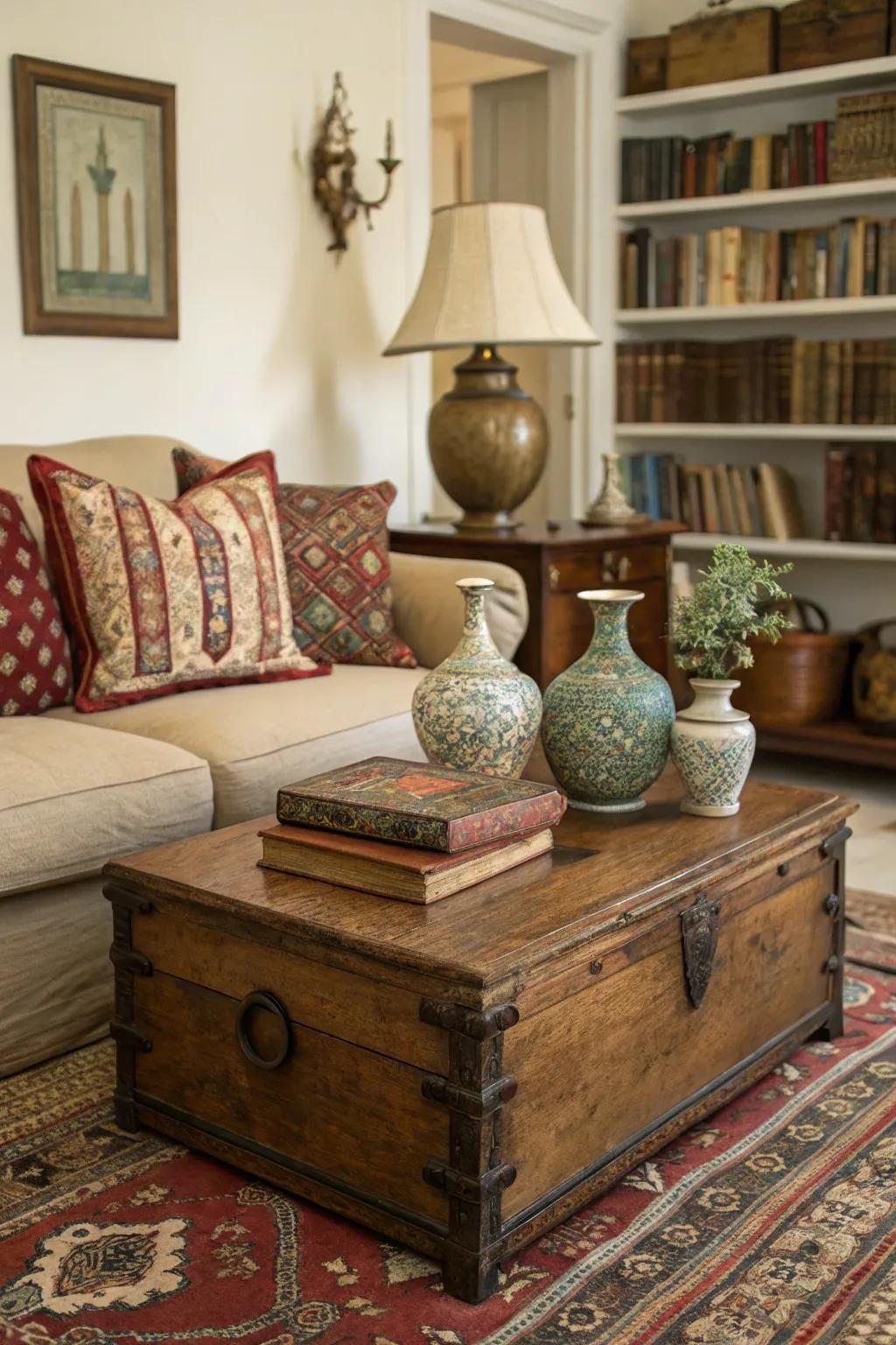 Pre-owned items introduce historical significance and aesthetic allure into a space dominated by neutral features.