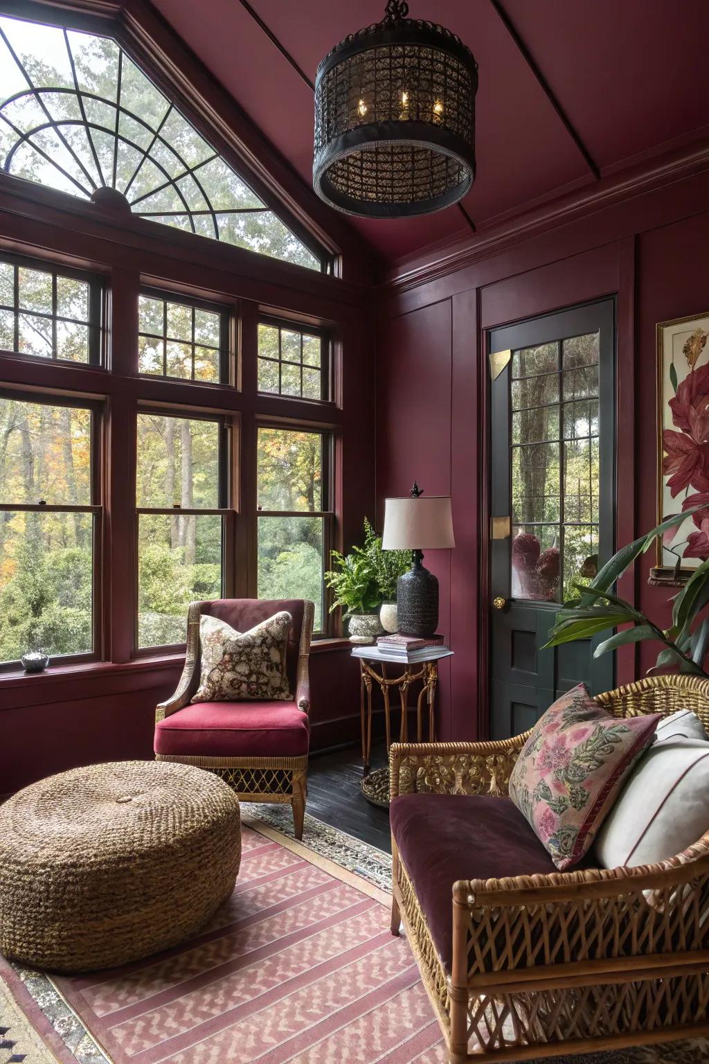 Sunroom with deep crimson walls, delivering a dramatic and unique element.