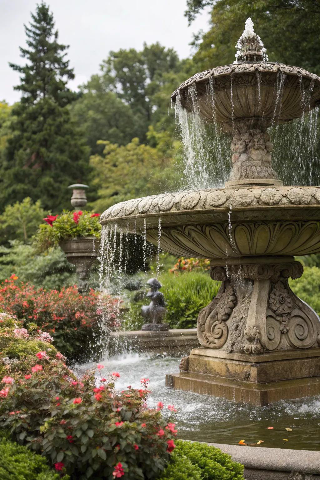 An artistic spring waterfall serves as a garden centerpiece.
