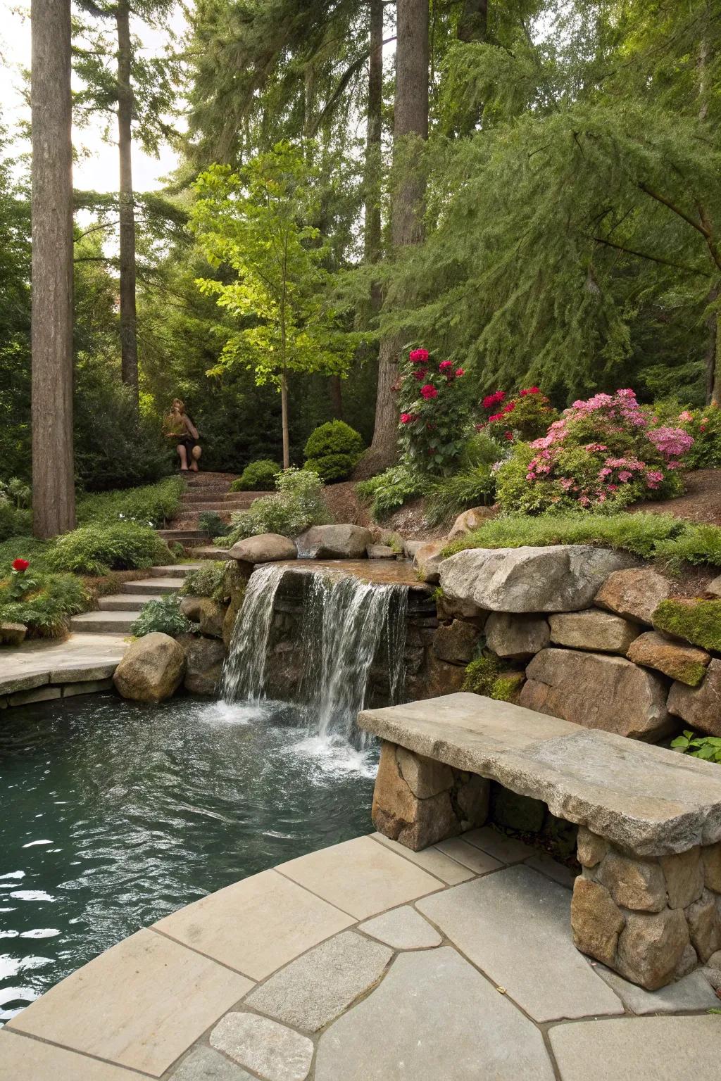 A cozy seating area incorporated into a garden water feature's rock design.