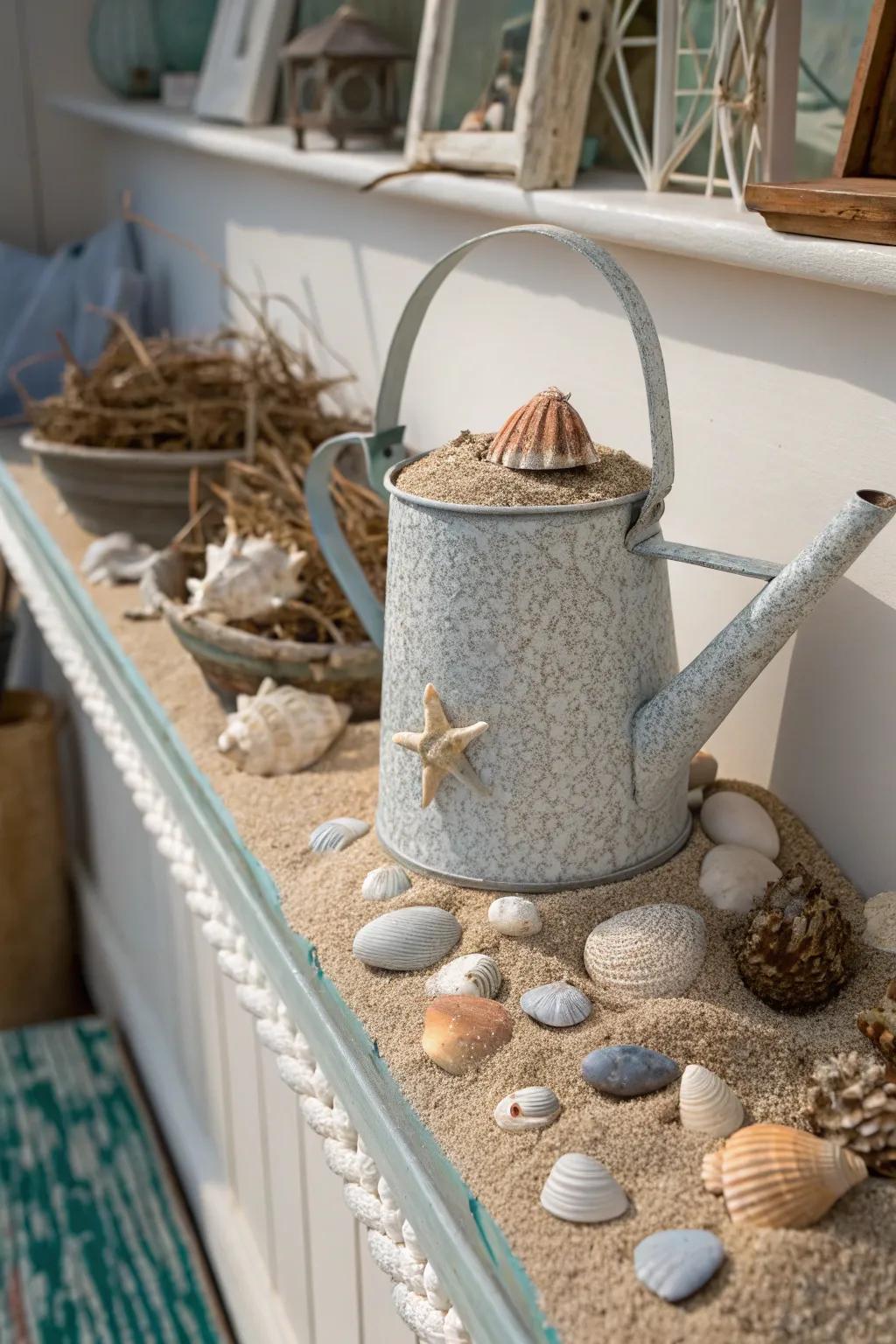 A seashore-inspired decoration employing a sprinkler with maritime shells.