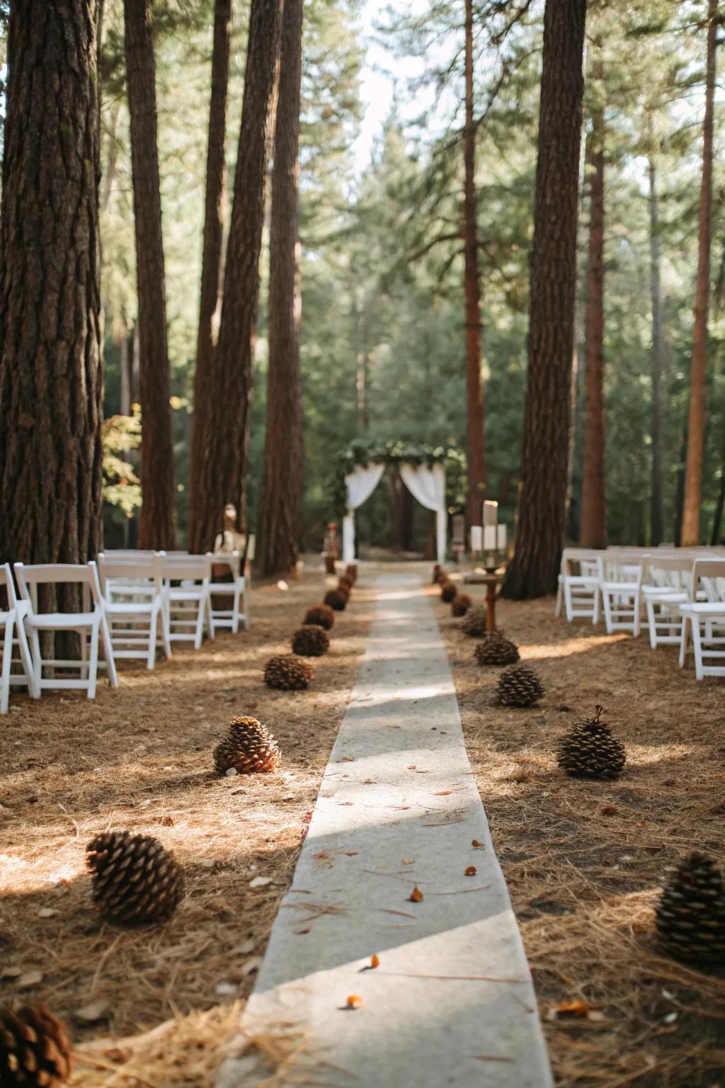 A woodland-inspired aisle featuring natural pine cones.