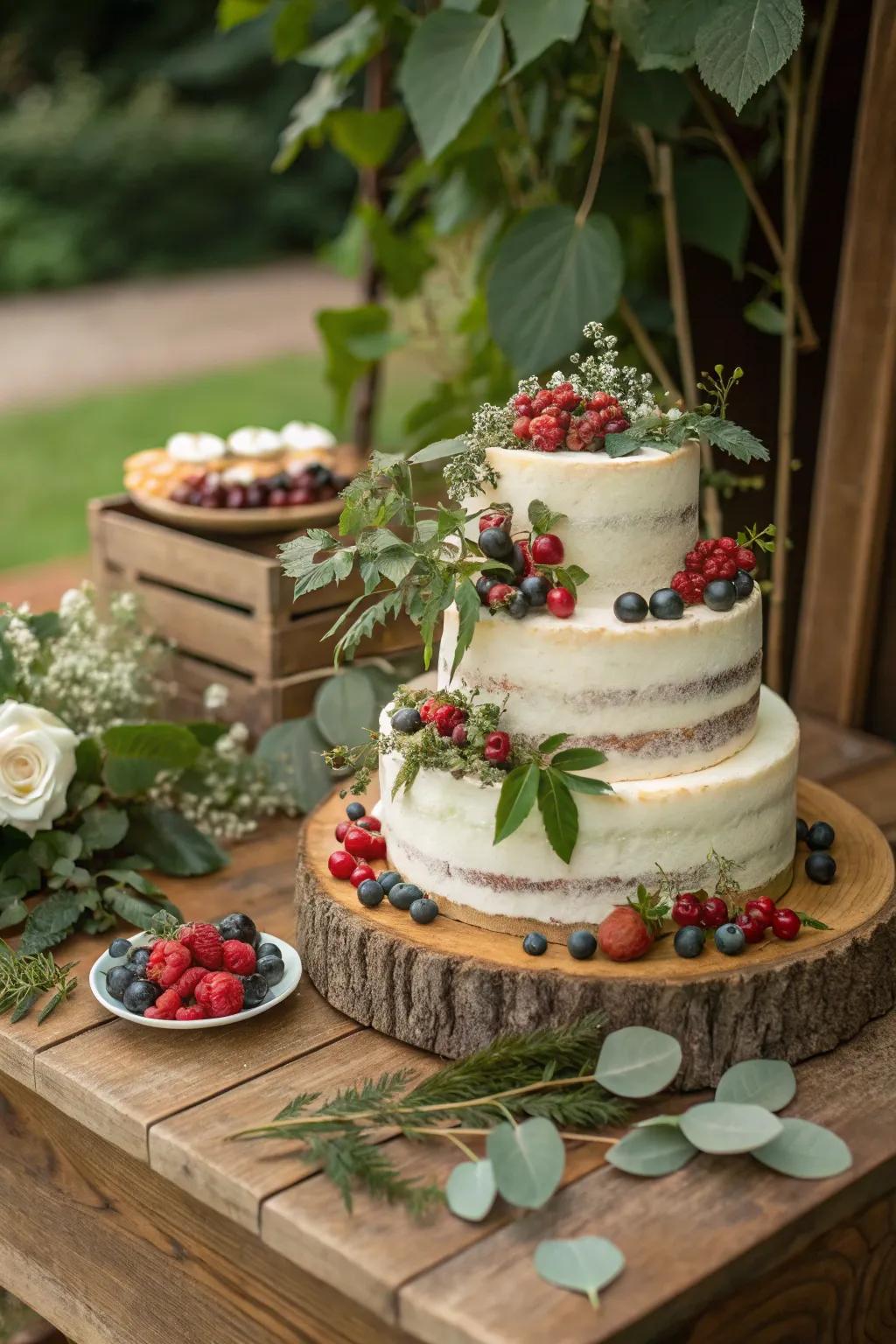 An eco-conscious wedding cake with sustainable designs.
